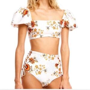 Agua Bendita Floral Puff Sleeve Bikini in White and Orange